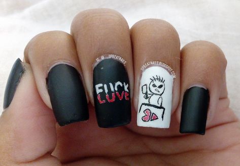 F*ck Love - Anti Valentine Nails  #FuckLove #AntiValentine #heart #love #freehand #Acrylicpaint Anti Valentines Nails, San Valentine Nails, San Valentine Nails Ideas, Valentine Nails Ideas, F Love, Purple Ombre Nails, San Valentine, New Nail Art Design, Anti Valentines