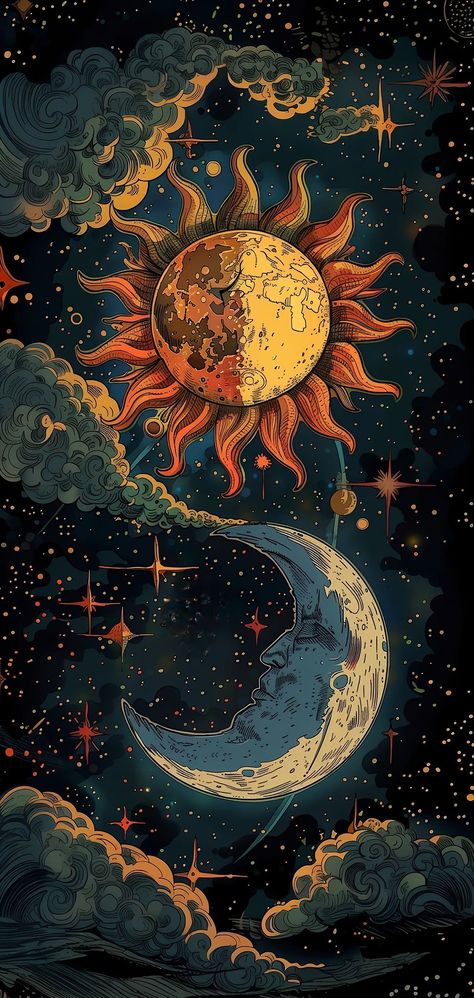 Wallpaper Backgrounds Witchy, Sun Moon Wallpaper Aesthetic, Celestial Ipad Wallpaper, Art Phone Backgrounds, Moon And Sun Wallpaper Aesthetic, Aesthetic Wallpaper Ipad Vintage, Sun And Moon Art Aesthetic, Solar System Wallpaper Aesthetic, Cosmic Wallpaper Aesthetic