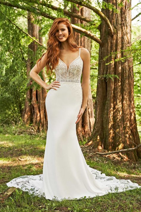 Lillian West - Style 66234: Crepe Fit and Flare Dress with Cathedral Length Cutout Train Lillian West Wedding Dress, Lillian West, Bridal Elegance, Designer Bridal Gowns, Designer Wedding, Dream Wedding Dresses, Formal Wedding, Bridal Boutique, Designer Wedding Dresses