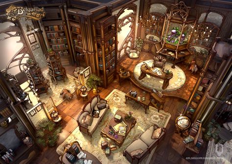 Magic Office Concept Art, Cutaway Room Illustration, Fantasy Study Room Concept Art, Dnd Study Room, Dnd Carriages, Study Room Concept Art, Wizard Study Room, Guild Hall Fantasy Concept Art, Royal Study Room