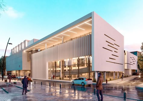 Modern Library Architecture Exterior, Eifs Facade Architecture, Double Facade Architecture, Hotel Facade Design Modern, Office Facade Architecture, Gym Building Design Exterior, Commercial Design Exterior Facades, Auditorium Design Exterior, Office Design Exterior