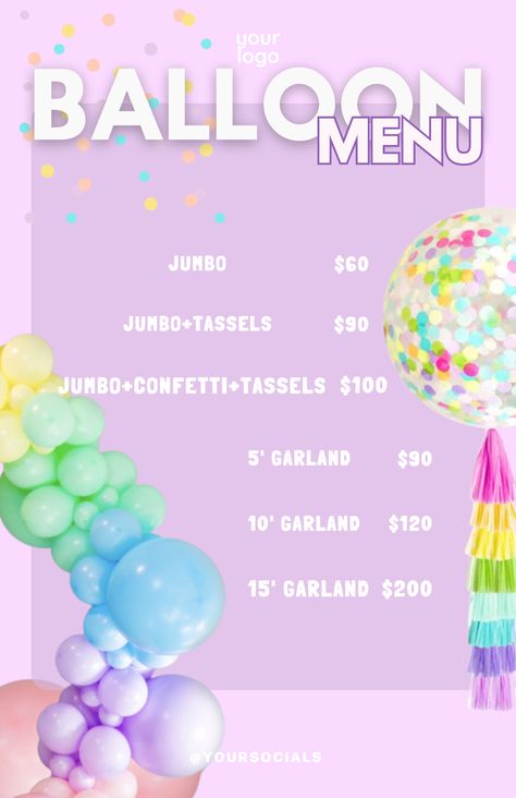 Transform Your Balloon Business with Our Editable Balloon Menu Templates! 🎈 Perfect for Balloon Artists. Bring your balloon decor vision to life and wow your clients with professional pricing and presentation. Download now and elevate your event styling business! #BalloonMenu #EventPlanning #BalloonDecor #CustomTemplates #EventStylist #PartyPlanning #EditableMenu #CanvaTemplates #EventDesign #BalloonArtistry #DIYEventPlanning #WeddingStyling #PartyDecor Styling Business, Balloon Business, Balloon Logo, Balloon Prices, Party Business, Booklet Design, Planning Tools, Balloon Decor, Sale Flyer