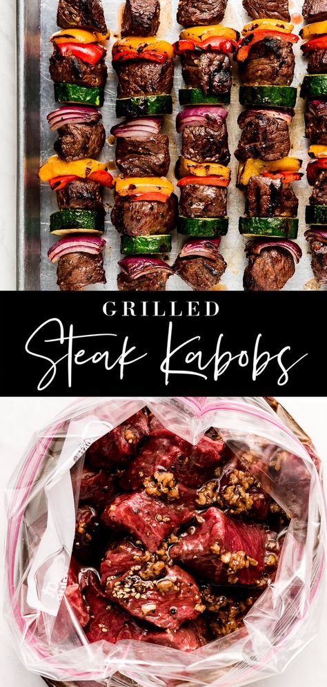 Steak Kabobs are an easy, healthy, and delicious entrée the whole family will love! Tender and juicy sirloin steak is marinated in a flavorful garlic marinade and threaded on skewers with crisp garden vegetables. Steak Marinade For Kebobs, Best Beef For Kabobs, Shrimp Steak Kabobs, Marinated Steak Skewers, Sirloin Beef Steak Recipes, Keto Steak Kabobs, Smoked Shish Kabobs, Meat For Grilling, Meal Prep Grilling