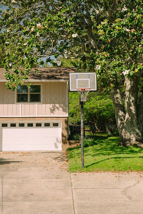 Exterior of a split level home with garage, driveway, basketball hoop and large tree in front yard. Basketball Goal Driveway, Tree In Front Yard, Home With Garage, Split Level Home, Basketball Goal, Split Level House, Basketball Goals, Large Tree, Home Exterior