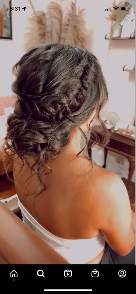 Low Messy Updo With Braid, Brunette Prom Hairstyles Updo, Updos For Long Hair Hoco, Brown Hair Updo Prom, Spaghetti Strap Bridesmaid Dress Hairstyles, Up Do Hairstyles For Homecoming, Bridesmaid Hair For V Neck Dress, Homecoming Hairstyles For Long Brown Hair, Homecoming Hairstyles Strapless Dress