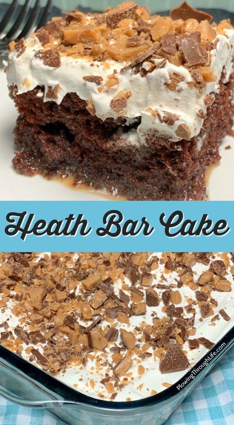 Heath Bar Cake - Plowing Through Life Poke Cake Heath Bar, Heath Chocolate Cake, Desserts With Heath Bars, Crumbl Chocolate Toffee Cake, Heath Candy Bar Cake, Candy Bar Poke Cake, Chocolate Heath Bar Cake, Heath Poke Cake Recipes, Heath Cake Recipe