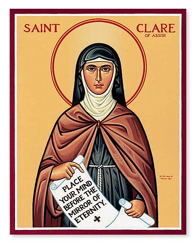 Feast of St. Clare; Christian Religious Observance; August 11; Italian friend of St. Francis of Assisi and founder of the Franciscan order of the Poor Clares; responsible with Francis for the growth and development of the Franciscans; patron saint of television. St Clare Of Assisi, Monastery Icons, Saint Clare, St Clare, St Claire, Catholic Images, Saint Quotes, Francis Of Assisi, San Francesco