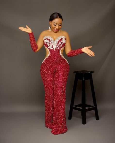 These Spanking New 8 Jumpsuit Styles Are Hawt! – A Million Styles Lace Jumpsuit Outfit, Red Sequin Jumpsuit, Sequins Jumpsuit, Aso Ebi Dresses, Jumpsuit Styles, Sparkly Dresses, Classy Jumpsuit, Dress Fabrics, Lace Gown Styles