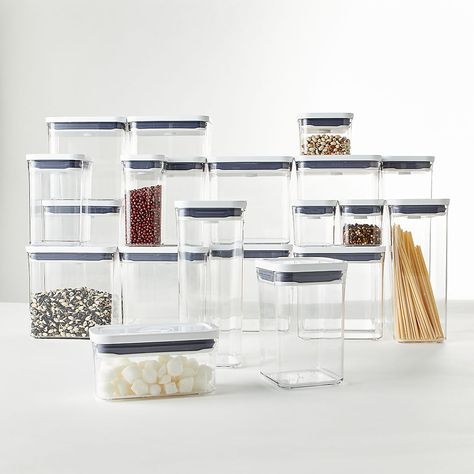 Food Storage Containers: Glass and Plastic | Crate and Barrel Clear Storage Containers, Pantry Renovation, Pantry Containers, Pantry Storage Containers, Organization Pantry, Plastic Crates, Clear Storage, Kitchen Pantry Design, Food Storage Container Set