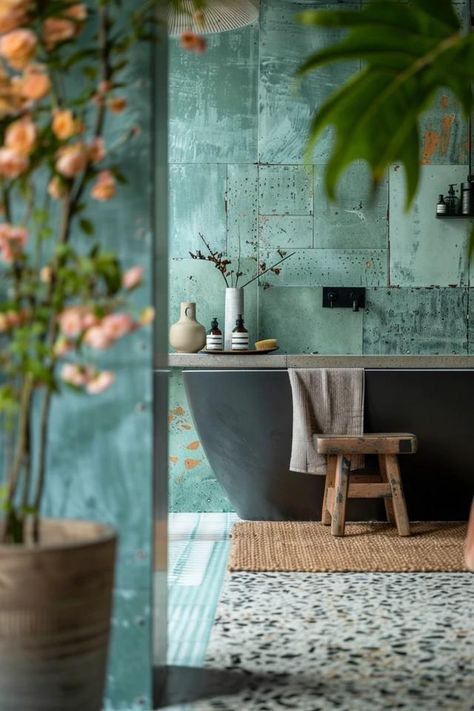 Soothing Blue Grey Bathroom Ideas &amp; Inspiration Blue Grey Bathroom Ideas, Grey And Blue Bathroom Ideas, Blue Grey Bathroom, Grey Bathroom Ideas, Zen Bathroom, Concrete Bathroom, Grey Bathroom, Rustic Retreat, Grey Color Scheme