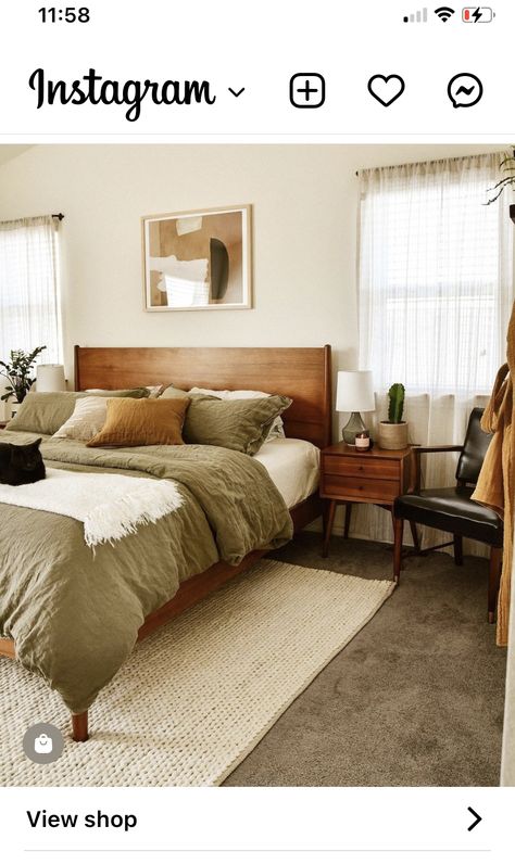 Bedroom With Walnut Furniture, Walnut Headboard Bedroom, Guest Bedroom Wood Bed, Bedroom With Wood Bed Frame, Earth Tone Primary Bedroom, Cherry Headboard Bedroom, Walnut Headboard Master Bedrooms, Mango Wood Bedroom, Mix Wood Tones Bedroom