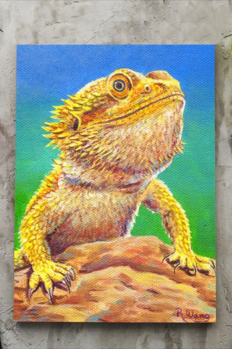 This is my very first lizard pet portrait painting, a bearded dragon named Koda. It was completed on October 23, 2020. It is painted on a 5″ x 7″ stretched canvas with acrylic paints. It was challenging to paint such a detailed portrait on such a small canvas. Rather than focus on all the tiny details and trying to paint every scale, I instead gave the impression of scales by layering the paint, and using tones, highlights and shadows to give depth and detail. Rebecca Wang Art. Dragon Portrait, Pet Portrait Painting, Dragon Drawing, Bearded Dragon, Bear Stuffed Animal, Creative Drawing, Colorful Paintings, Wildlife Art, A Rock