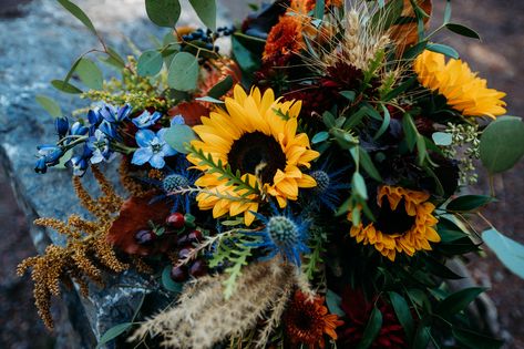 Fall wedding Elopement in Glacier National Park Blue Eryngium, Flowers 2023, Blue Flower Arrangements, Fall Elopement, Fall Tones, Wedding Aesthetics, Alpine Design, Fall Flower Arrangements, Wedding Themes Fall