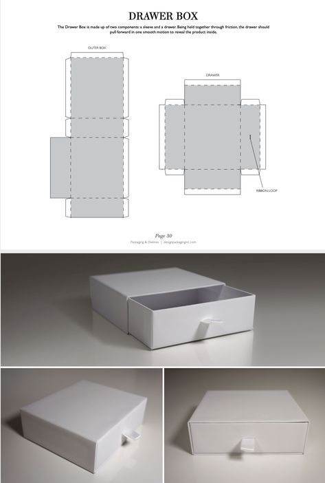 The Drawer Box is made up of two components: a sleeve and a drawer. Being held together through friction, the drawer should pull forward in one smooth motion to reveal the product inside.#packaging design #packaging_dieline #dielines #design #shopping_bag#RIGID_BOXES Rigid Box Design, Drawer Packaging Design, Drawer Template, Dieline Packaging Boxes, Cute Boxes Diy, Packing Box Ideas, Product Packaging Template, Drawer Box Diy, How To Make Packaging Boxes