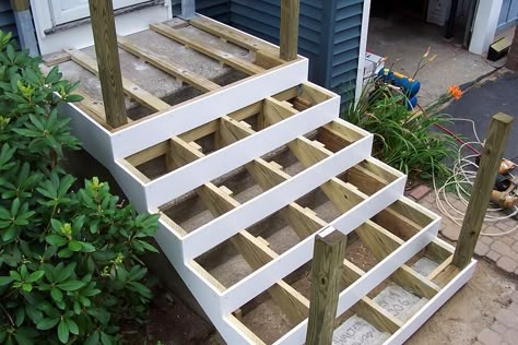 Deck over concrete stoop Patio Over Concrete, Deck Over Concrete, Concrete Front Porch, Front Porch Steps, Patio Steps, Deck Steps, Wood Steps, Exterior Stairs, Concrete Stairs