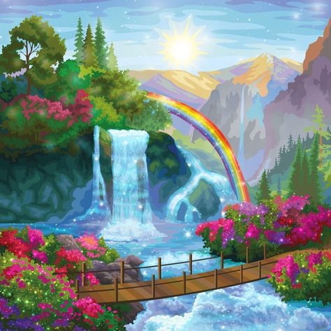 Rainbow Drawing For Kids, Rainbow Scenery, Pretty Scenery, Rainbow Drawing, Landscape Pencil Drawings, Rainbow Photography, Waterfall Paintings, Lighthouse Painting, Art Painting Tools