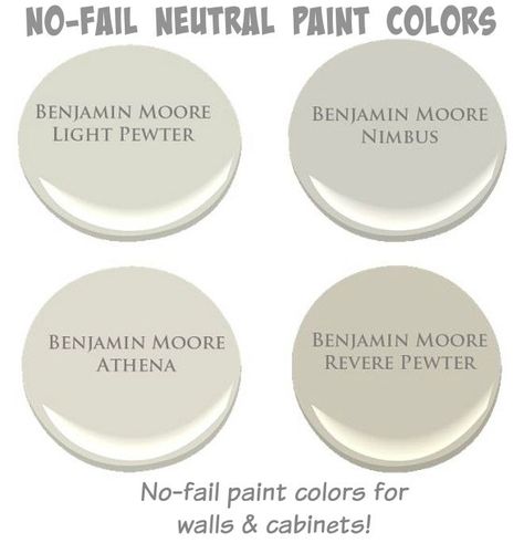 No-Fail Neutral Paint Colors. Benjamin Moore Light Pewter. Benjamin Moore Nimbus. Benjamin Moore Athena. Benjamin Moore Revere Pewter. Interior Paint Colors For Living Room, Light Pewter, Interior Paint Colors Schemes, Living Colors, Popular Paint Colors, Revere Pewter, Paint Color Schemes, Neutral Paint Colors, Favorite Paint Colors