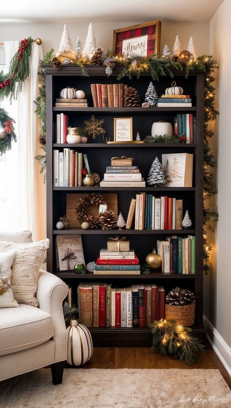 How To Decorate A Small Living Room For Christmas Christmas Bookshelves Bookshelf Styling, Bookshelf Holiday Decor, Christmas Decorations Ideas For Small Apartment, Christmas Decoration Bookshelf, Christmas Decor Ideas For Living Room Bookshelves, Christmas Bookcase Decor Living Room, Christmas Bookcase Styling, Christmas Books Decorations, Shelf Decor Living Room Christmas