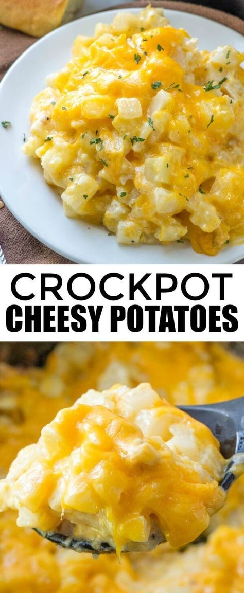 These Crockpot Cheesy Potatoes are the ultimate crowd-pleaser! With creamy, gooey cheese and tender potatoes, this no-fail recipe is perfect for dinnertime, potlucks, or when you're short on time. Just set it and forget it! #slowcooker #cheesypotatoes #potatolovers Crockpot Cheesy Potatoes, Summer Potluck Dishes, Crockpot Potatoes, French Toast Brunch, Cheesy Potatoes Recipe, Crock Pot Potatoes, Vegetarian Crockpot Recipes, Pot Recipes Healthy, Caprese Pasta