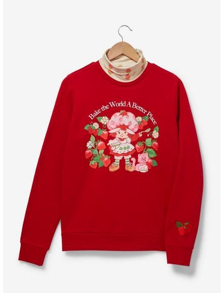 Strawberry Shortcake Portrait Turtleneck Crewneck - BoxLunch Exclusive, Strawberry Shortcake Hoodie, Strawberry Shortcake Sweater, Strawberry Shortcake Clothes, Strawberry Shortcake Sweatshirt, Strawberry Hoodie, Fruity Fashion, Turtleneck Crewneck, Embroidered Strawberry, Disney Character Shirts