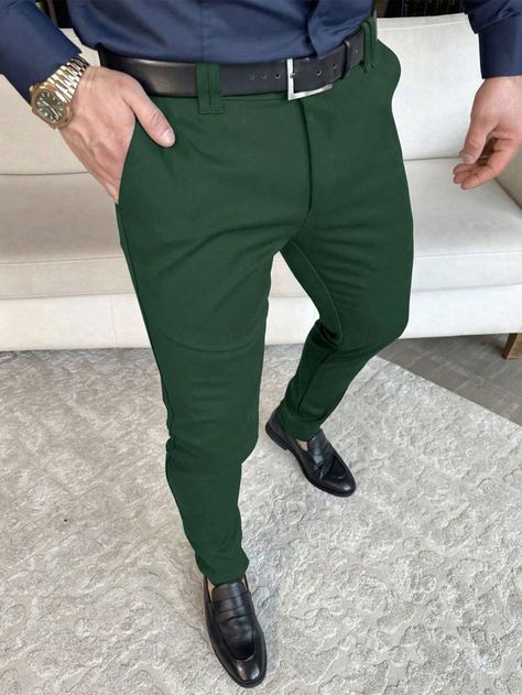 Men's Solid Color Straight Leg Casual Office Pants Dark Green    Woven Fabric Plain  Non-Stretch  Men Clothing, size features are:Bust: ,Length: ,Sleeve Length: Dark Green Pants, Green Dress Pants, Mens Slacks, Suits Men Business, Pants Outfit Men, Green Chinos, Office Pants, Green Trousers, Boys Fashion