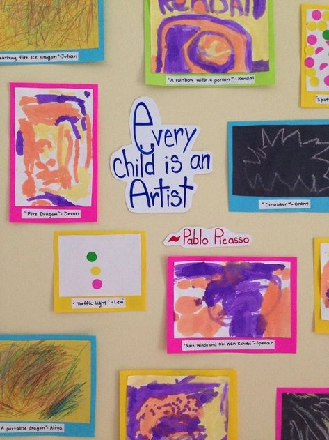 Preschool Art Fair Ideas, Artists Preschool Theme, Displaying Artwork In Classroom, Art Class Themes Ideas, Preschool Art Gallery Display, Artist Theme Preschool, Artsy Thursday Week Of The Young Child, Every Child Is An Artist Bulletin Board, Art Provocations Preschool