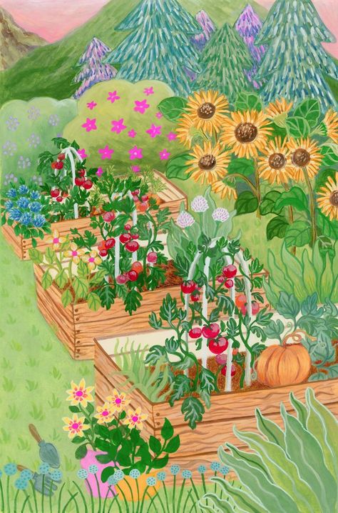 Community Garden Illustration, Vegetable Garden Painting, Garden Design Sketch, Garden Illustration Art, Cosy Illustration, Flower Garden Illustration, Gardening Illustration, Garden Illustrations, Gardening Drawing