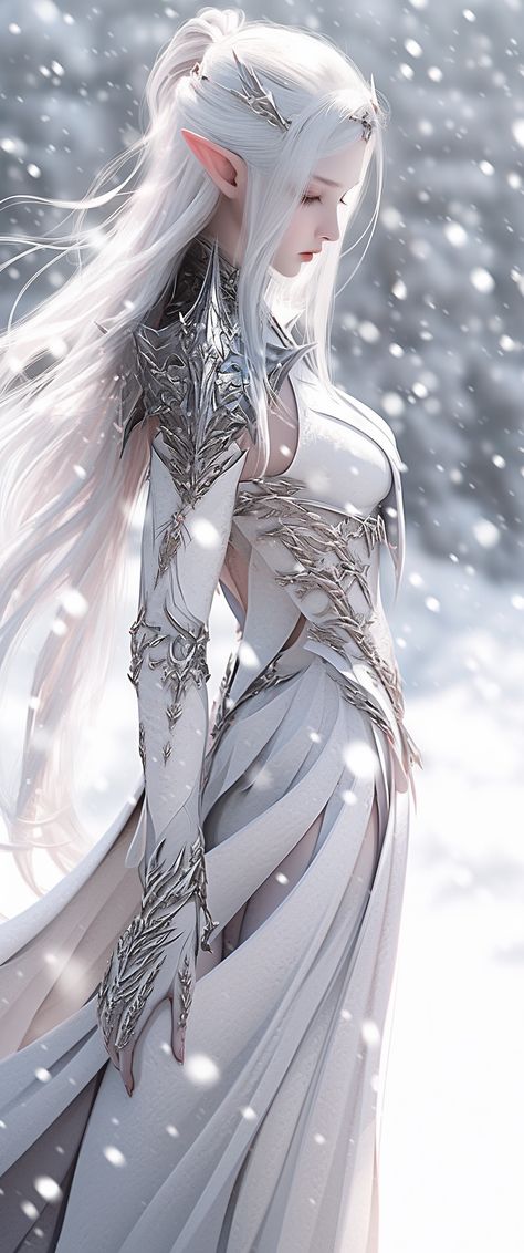 Winter Elven Outfit, Winter Elf Art, Elf Woman White Hair, White Armor Female, Purple Eyes White Hair, White Haired Elf Female, High Elf Art, Winter Fey, Elf White Hair