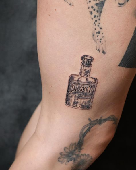 Give me all the vintage bottles! This might be my new favorite 🥃🖤 #newtattoo #newink #finelinetattoo #finelinetattooartist #whiskeytattoo #whiskey #whiskeybottle #vintagebottle #vintagebottletattoo #whiskeyneat #cheyannetattooequipment Glass Bottle Tattoo, Whiskey Bottle Tattoo, Whiskey Tattoo, Whiskey Neat, Whiskey Bottles, Bottle Tattoo, Alcohol Bottles, Calf Tattoo, Vintage Bottles