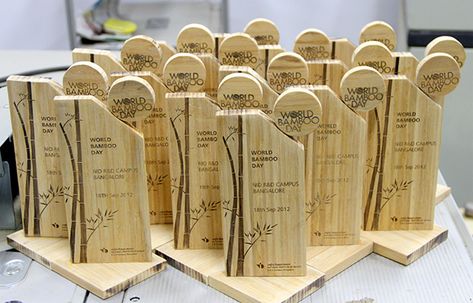 World Bamboo Day trophy design 2012 Diy Trophy, Wood Trophies, Wooden Award, Identity Card Design, Trophy Display, Trophy Plaques, Award Plaques, Acrylic Trophy, Plaque Design