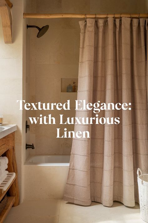 A luxurious bathroom with a linen shower curtain, woven details, light beige tiles, and wood accents. Shower Stall With Curtain Instead Of Door, Long Shower Curtain Ideas, Bathroom With Shower Curtain, Shower Curtain Ideas, Linen Shower Curtain, Natural Wood Accents, Luxury Shower Curtain, Long Shower Curtains, Bathroom Hacks