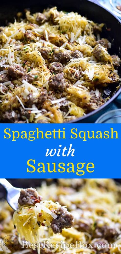 Spaghetti Squash Recipe with Sausage | Healthy Spaghetti Squash Recipe @bestrecipebox Spaghetti Squash With Sausage, Squash With Sausage, Spaghetti Squash Recipes Vegan, Healthy Sausage Recipes, Sausage And Spaghetti Squash, Recipe With Sausage, Healthy Squash Recipes, Parmesan Spaghetti Squash, Easy Spaghetti Squash