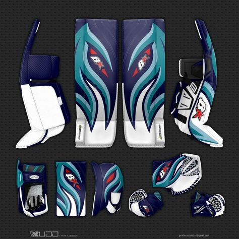 Hockey Room Ideas, Hockey Goalie Pads, Hockey Pads, Hockey Tattoo, Kraken Hockey, Goalie Gear, Hockey Design, Hockey Room, Christmas Logo