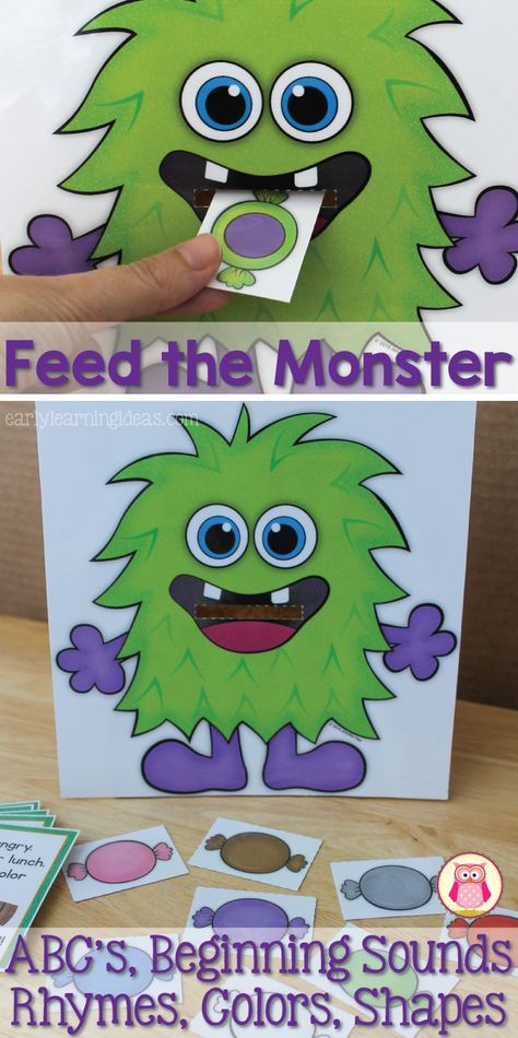 Practice many concepts with this fun Feed the Monster Activity.  Easily differentiated!  Practice the alphabet, letter recognition, beginning sounds, rhyming words, shapes, colors, and even counting.  Perfect for monster theme, Halloween theme, and October theme units and learning centers for preschool, pre-k, and kindergarten. Monster Activities For Preschool, Centers For Preschool, Feed The Monster, Halloween Activities Preschool, Monster Activities, Halloween Kindergarten, Monster Theme, Math Center Activities, Halloween Preschool