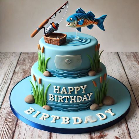 Images Of Birthday Cake For Dad 3 60th Birthday Cake Man, Fish Theme Birthday Cake, Fish Cakes Birthday, Fishing Cakes For Men Birthdays, Fishing Cakes For Kids, Fisherman Cakes, Fishing Cakes For Men, Fishing Cake Ideas, Fish Themed Cake