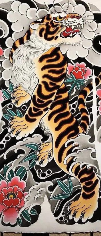 Japanese Tiger Leg Tattoo, Tiger Paintings, Colored Tattoo, Japanese Tiger Tattoo, Tiger Tattoos, Colored Tattoo Design, Tattoo Tiger, Dragon Sleeve, Basic Tattoos