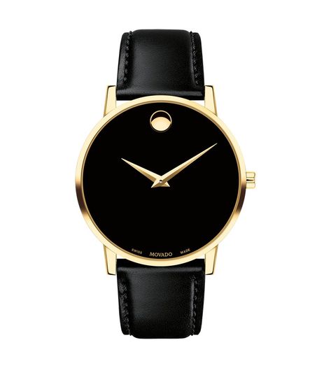 Movado | Museum Classic Men's Gold PVD Watch With Black Strap Movado Womens Watch, Black Museum, Slim Watches, Movado Watch, Black Leather Watch, Minimalist Watch, Classic Watches, Mens Gold, Classic Leather