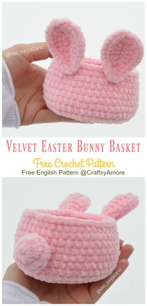 Velvet Easter Bunny Basket Free Crochet Pattern Tutorial Crochet Easter Basket Pattern, Easter Basket Pattern, Crochet Easter Basket, Crochet Basket Pattern Free, Easter Bunny Basket, Crochet Bunny Pattern, Easter Crochet Patterns, Pola Amigurumi, Bunny Basket