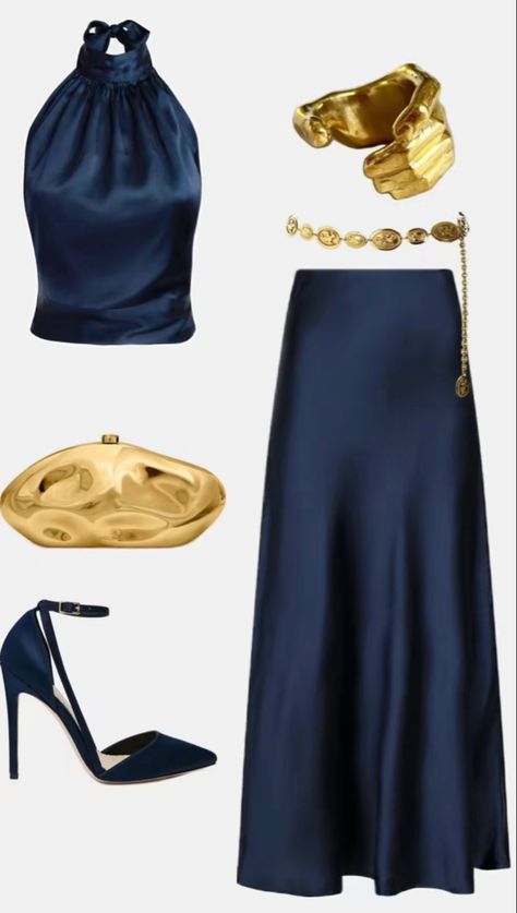 Blue And Gold Outfits Classy, Navy Blue And Gold Outfits For Women, Blue And Gold Outfits, Party Moodboard, Blue Skirt Outfits, Gold Outfits, Navy Blue Outfit, Fair Outfit, Motto Party