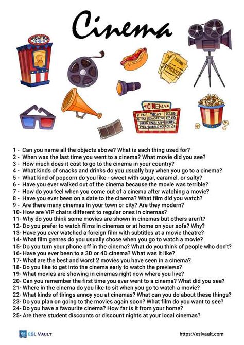 cinema conversation questions Interesting Speech Topics, Speaking Challenge, Improve English Writing, Movie Questions, Movie Worksheet, Speaking Activities Esl, Speaking Activities English, Speaking Cards, General English