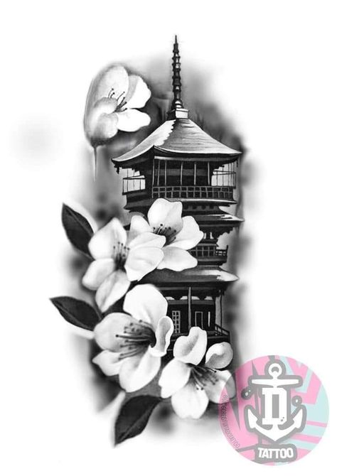 Japanese Temple Tattoo, Pagoda Temple, Temple Tattoo, Koi Tattoo Design, Castle Tattoo, Japanese Flower Tattoo, Buddha Tattoo Design, Tattoos Infinity, Samurai Tattoo Design