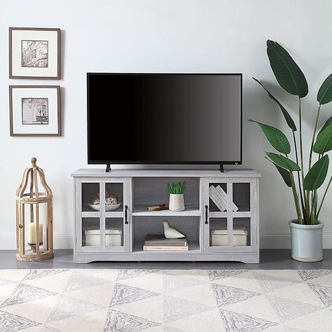 Media Entertainment Center, Tv Console Table, Farmhouse Tv Stand, Media Furniture, Storage Credenza, Tv Stand Wood, Stone Grey, Glass Storage, Glass Cabinet