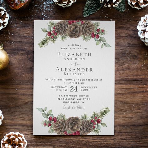 Rustic Winter Wedding Invitations, Hygge Winter, Pine Cone Christmas, Xmas Wedding, Woodland Winter, Christmas Wedding Invitations, Winter Berries, Watercolor Winter, December Wedding