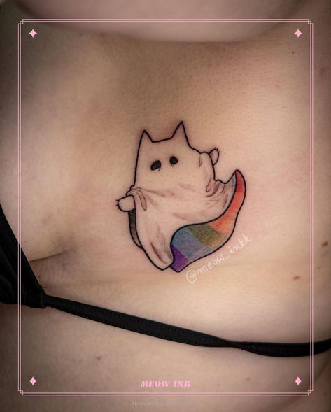 tattoo artist✨Alex Łukasiewicz on Instagram: “If you wver wondered what my cat-ghost is having underneath 🤫 I think they name is Catthew 🐈 The 🏳️‍🌈 colors are also like a sketch…” Cat Name Tattoo Ideas, Meow Tattoo, Tattoo Font, Ghost Cat, Name Tattoo, Cat Names, I Tattoo, Tattoo Artists, Ghost