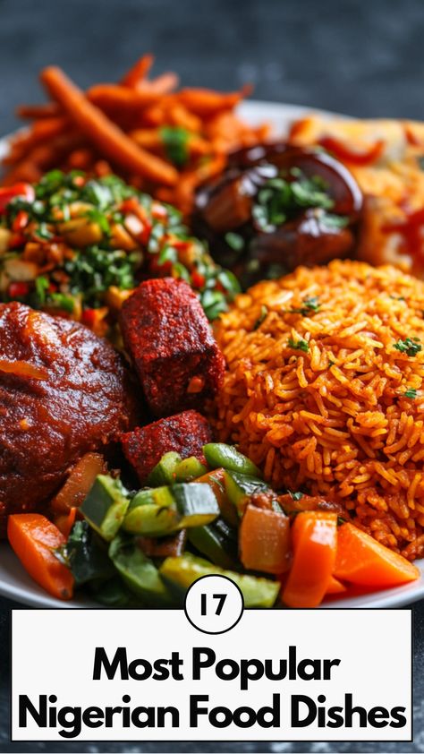 A plate of vibrant Nigerian food dishes including jollof rice, pounded yam, and assorted vegetables served with rich, colorful garnishes. Nigerian Eba Recipe, African Dishes Nigerian Food, Nigerian Salad, Authentic Meals, Jollof Rice Nigerian, Nigerian Meals, Nigerian Dishes, Pounded Yam, Nigerian Foods