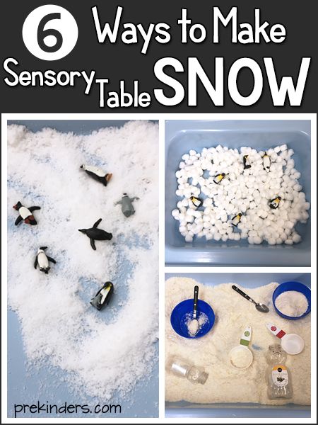 How to make pretend snow in the sensory table for preschool: six ways to make pretend snow and provide children with a variety of texture experiences. Snow Sensory Table, Pretend Snow, Snow Sensory, Sensory Snow, Winter Sensory Bin, Playing In Snow, Snow Crafts, Make Snow, Snow Theme