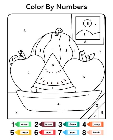 Simple Fruits Color by Number coloring page Garden Theme Classroom, Coloring By Numbers, Baby Animal Nursery Art, Vegetable Coloring Pages, Color By Number Printable, Numbers Worksheet, Kindergarten Coloring Pages, Toddler Homeschool, Fruit Coloring Pages