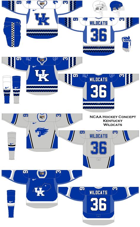 NCAA Hockey Uniform Concepts - Kentucky Wildcats Hockey Uniform Design, Hockey Jersey Streetwear, Hockey Uniform, Custom Hockey Jersey, Cool Hockey Jerseys, Hockey Uniforms, Nhl Jersey Concepts, Sport Shirt Design, Ice Hockey Teams