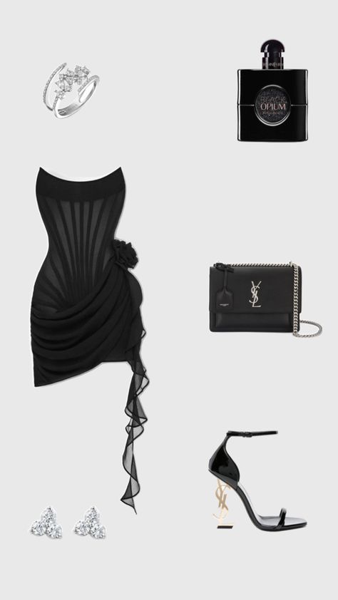 Ysl Heels Black, 90s Model Style, Perfume Ysl, Ysl Outfit, Beach Dress Outfit, Black Little Dress, Ysl Dress, Party Dress Classy, Fancy Fits