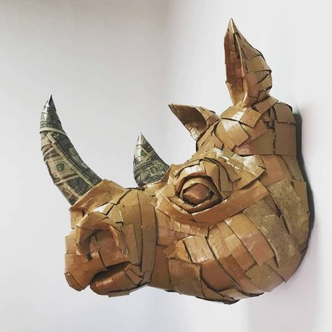 artist: Laurence Vallières Cardboard Sculptures, Cardboard Art Sculpture, Rhino Art, Animal Head Wall, Paper Art Sculpture, Paper Mache Animals, Cardboard Sculpture, Arts Ideas, Trash Art